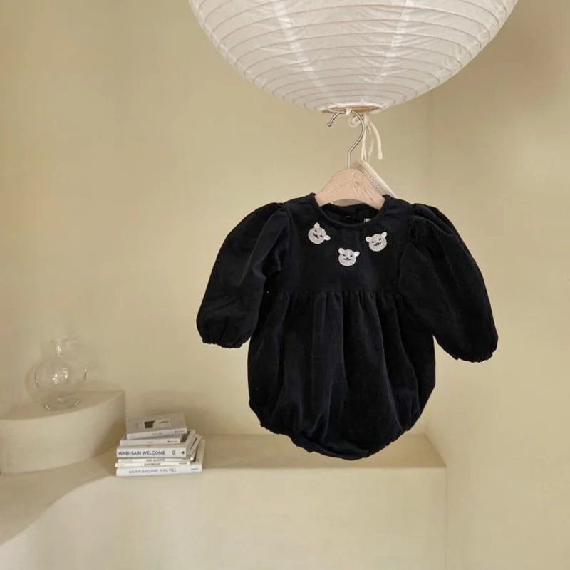 

2021 Spring Baby Cute Bear Embroidery Bodysuit Infant Baby Girl Corduroy Casual Long Sleeve Clothing