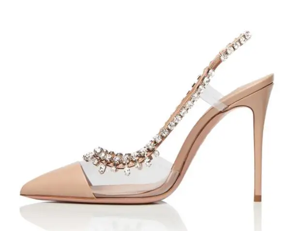 

С блестящими бесцветными телесного цвета серебряные со стразами Свадебные туфли на каблуках для невесты ПВХ стразы; Обувь из кусочков кожи ...