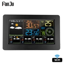 FanJu FJW4 Digital Alarm Wall Clock Weather Station wifi Indoor Outdoor Temperature Humidity Pressure Wind Weather Forecast LCD