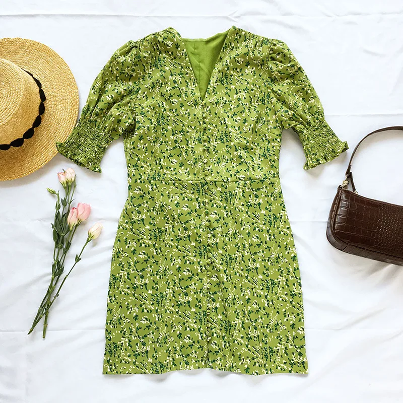 Женское мини-платье с коротким рукавом-фонариком и пуговицами весна-лето 2020 |