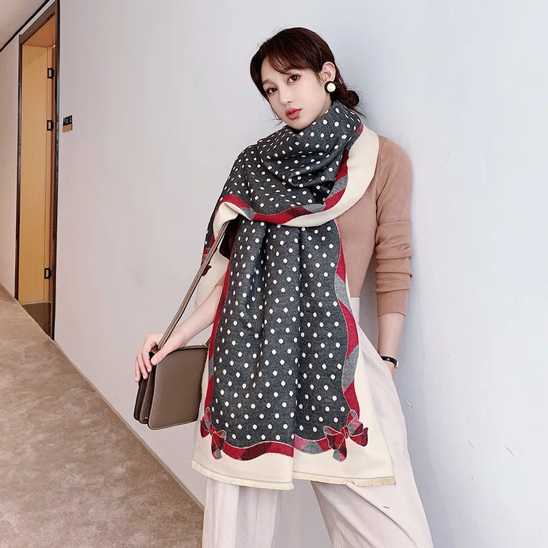 Женский кашемировый шарф в горошек зимняя теплая шаль и бандана Пашмина длинный
