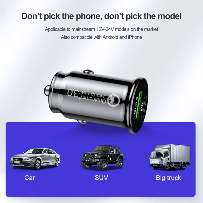 

USB PD Car Charger Quick Charge 3.0 QC USB Car ChargerTurbo Fast Car Charging Mobile Phone Charger For iPhone Xiaomi Car Adapter