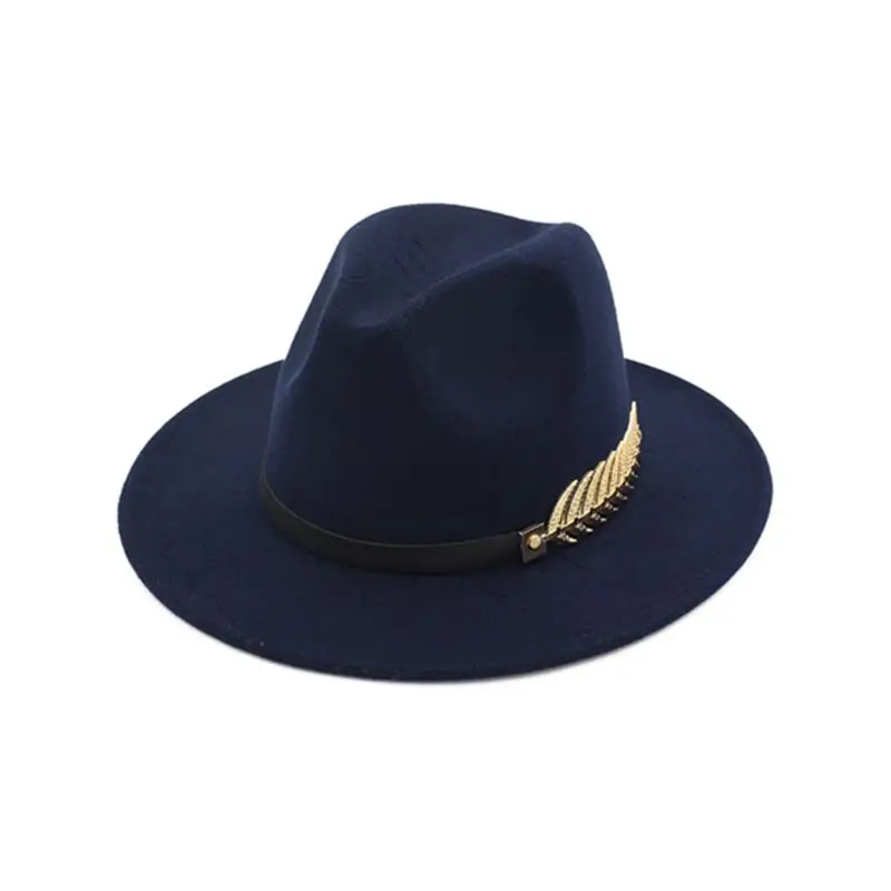 

Women Winter Faux Felt Fedoras Jazz Cap with Metal Leaf Flat Wide Brim Top Hat XXFD