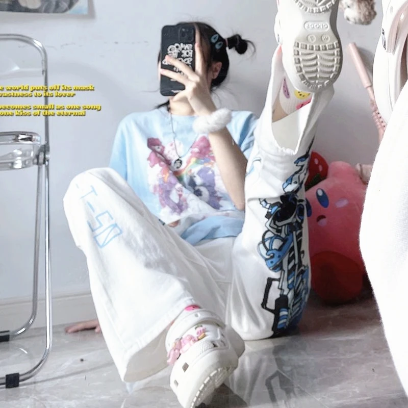 

2021 New Summer Pants Two-Dimensional Japanese Anime Cartoon Printing Harajuku College White Straight-Leg Pants Casual Trousers