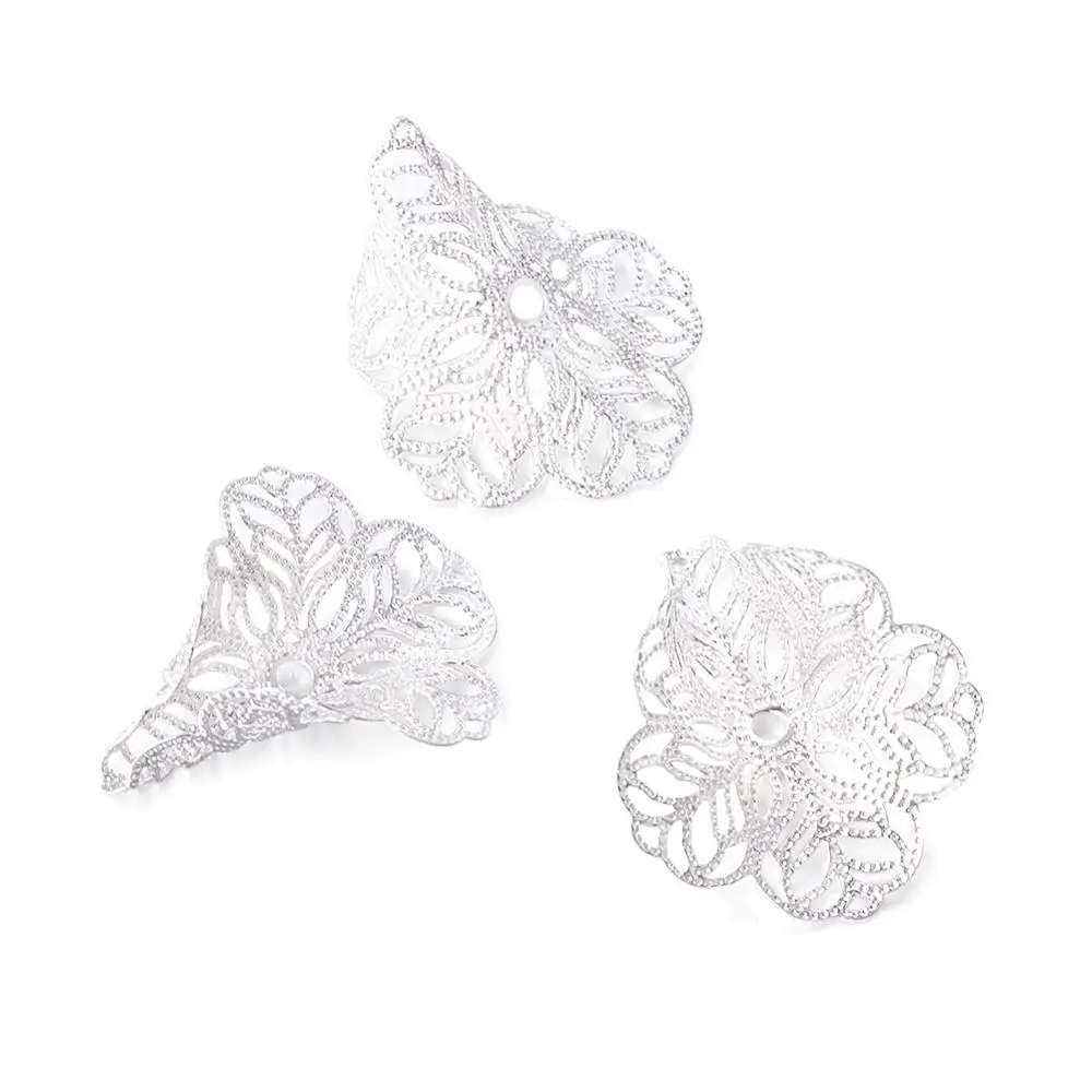 

100Pcs Flower Brass Bead Caps Silver Color Filigree Wraps Connectors Metal Bead Caps For DIY Bracelet Necklace Jewelry Making