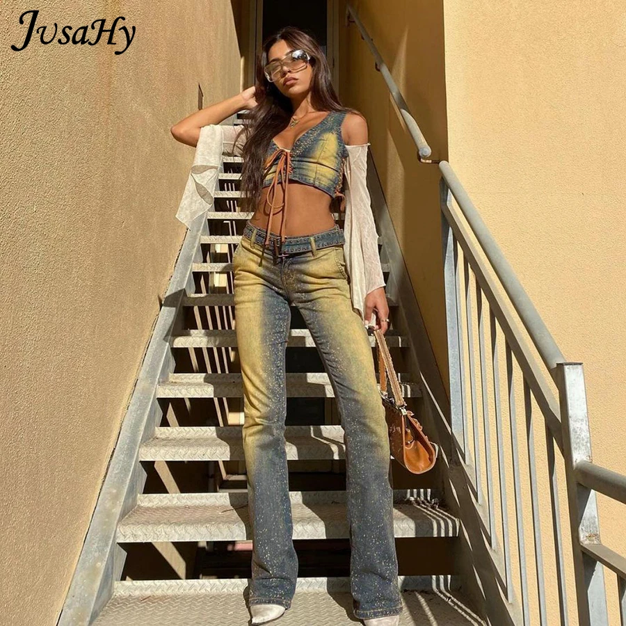 

Джинсы JusaHy женские в стиле ретро Y2K с высокой талией, свободные, повседневные, градиентные, прямые, из денима, уличная одежда, лидер продаж 2021
