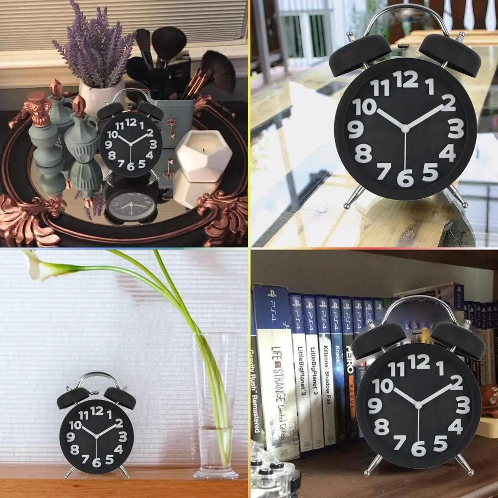 

Metal Alarm Clock Frame 3D Dial with Backlight Function Desk Table Silent Double Bells Quartz Movement Alarm Clock Home Decor