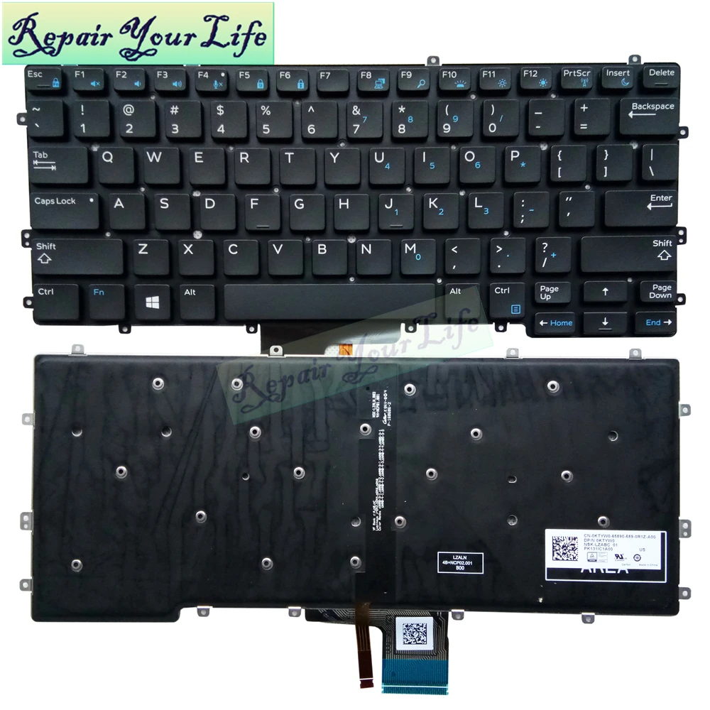 

backlit 13 7370 laptop keyboard for DELL LATITUDE 7370 E7370 US English black backlight 0KTYW0 CN-0KTYW0 PK131IC1A00 NSK-LZABC