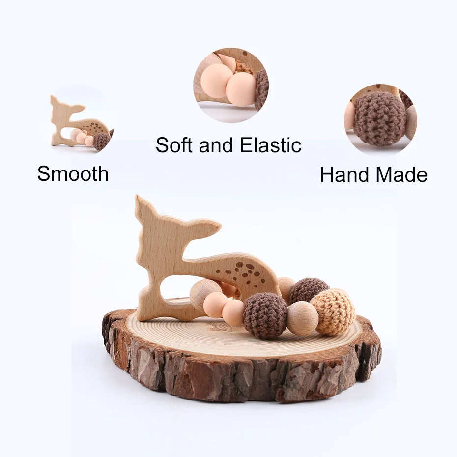 Детский деревянный браслет-прорезыватель из бука животный слон олень вязаный