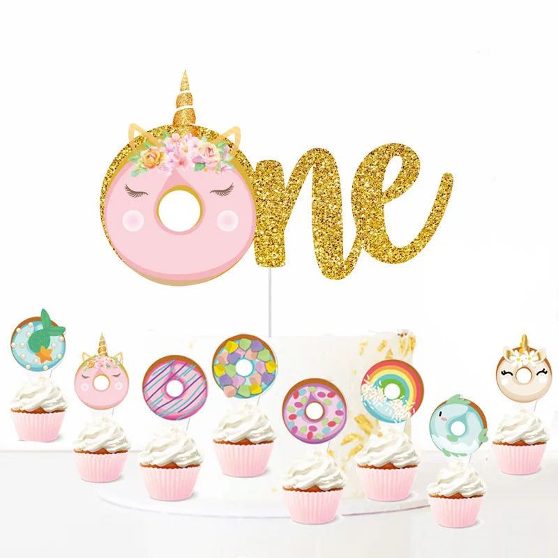 Пончик единорог топперы для торта блестящие золотые двух сладких кексов