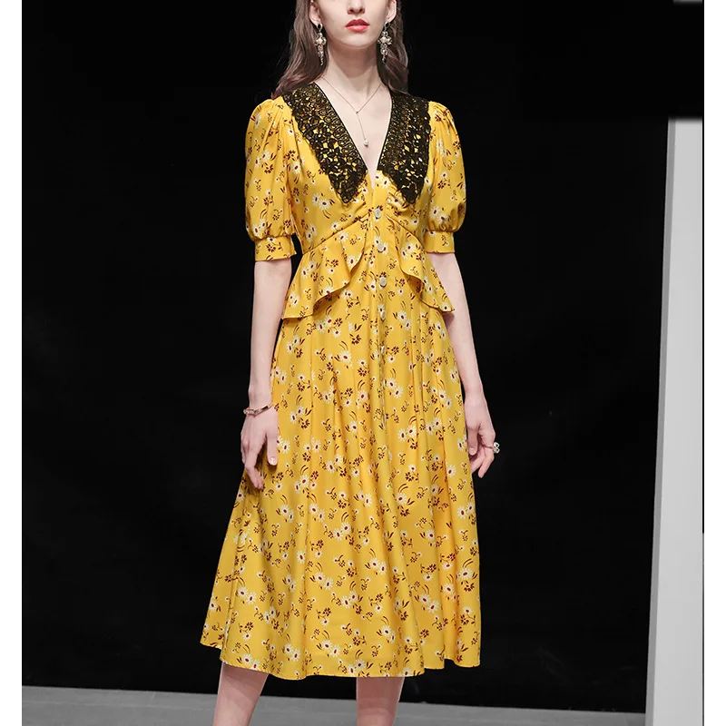 

2020 New Arrival Fashion Dress Women Vintage French Style Retro Sexy Lace V Neck Floral Print A Line Long Casual Party Dresses