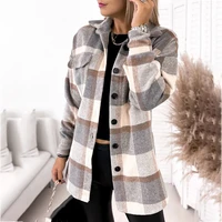 2022 autumn winter woolen women shirt jacket fashion casual suit neck single breasted plaid print mid length loose coat woman