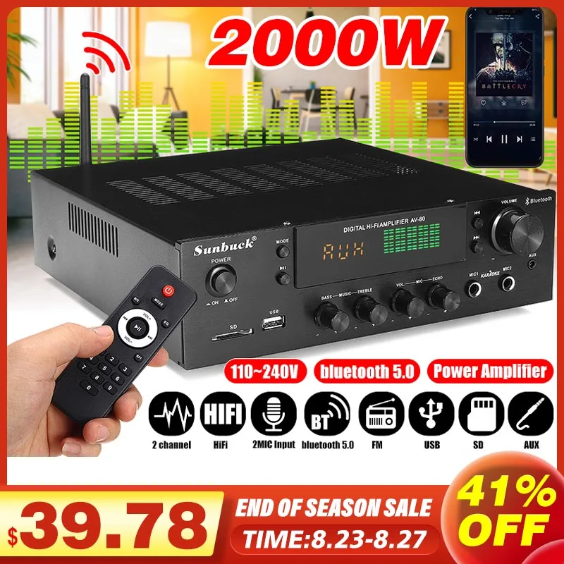Стерео усилитель Sunbuck 2000 Вт bluetooth Hi Fi 2 0 аудиомощность дистанционное управление