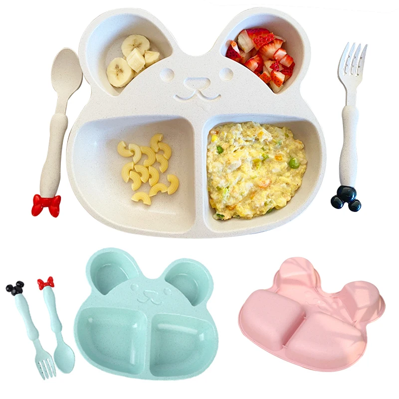 

Wheat Straw Plates Baby Training Bowl Plate+spoon+fork Cute Bear Food Tableware Set Kids Dishes OPP Packaging for Baby Feeding