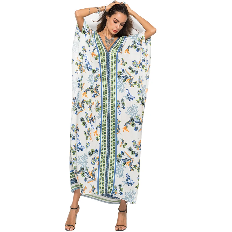 

Summer Women New Bohemian Print Short Sleeve Dress Casual Loose Waist V-neck Street Ladies Beach Holiday Dress