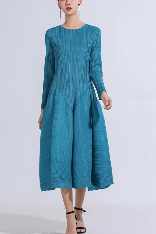 Lake Blue Changpleat Весенние новые женские платья Miyak плиссированные модные однотонные с o-образным вырезом солидные Большие размеры с длинным рукавом женское платье D8980 - Цвет: Lake Blue