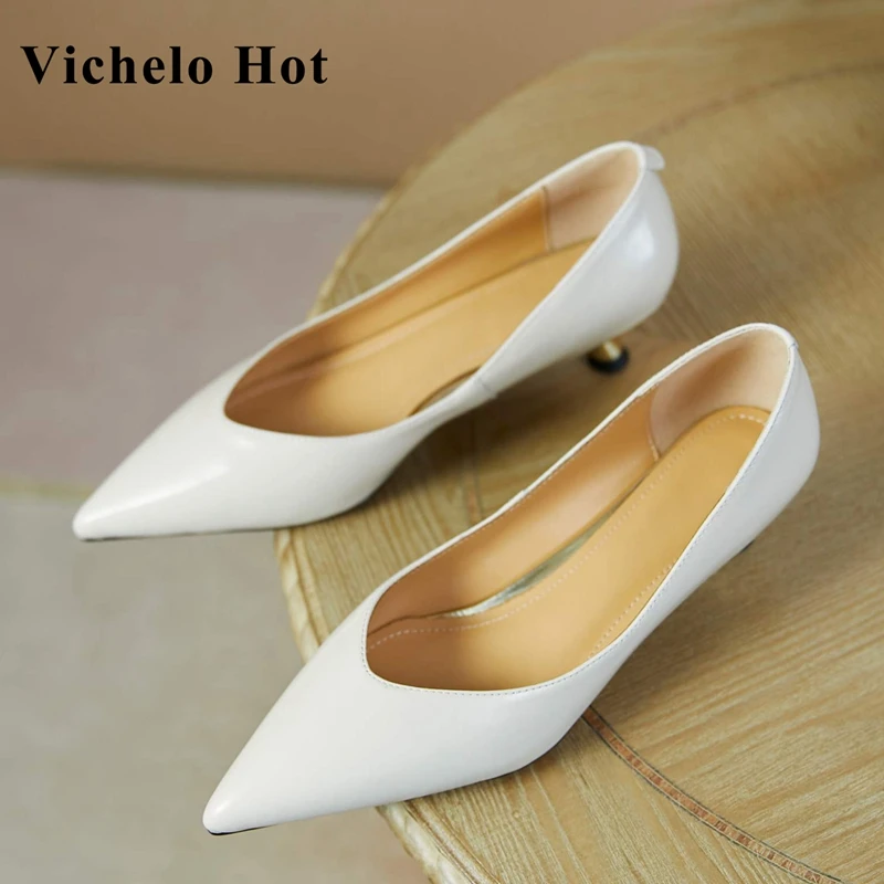 

Vichelo Hot genuine leather pointed toe med heels shallow strange style solid wedding dance party basic slip on women pumps L33