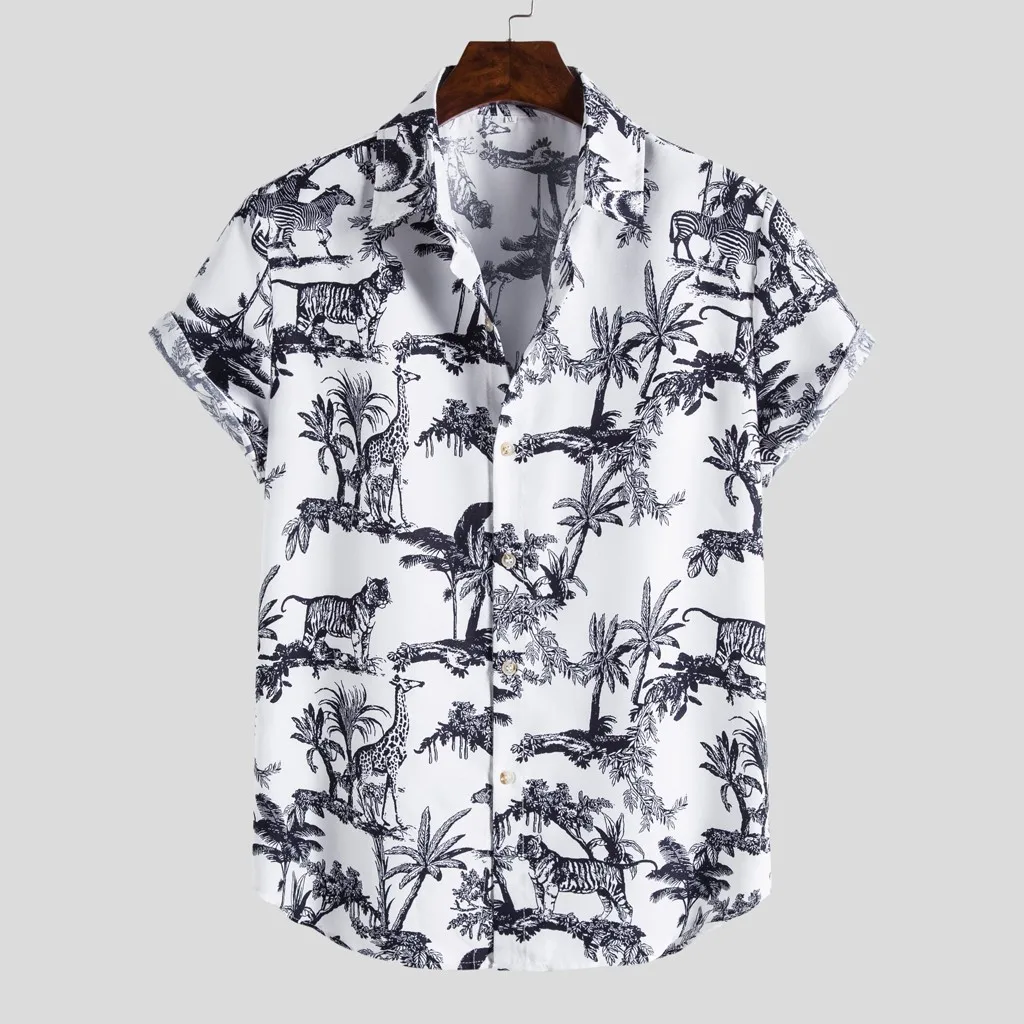 

Mens Fashion Blouse Black And White Painting Tiger Giraffe Ethnic Short Sleeve Casual Printing Hawaiian Shirt Blouse Shirt