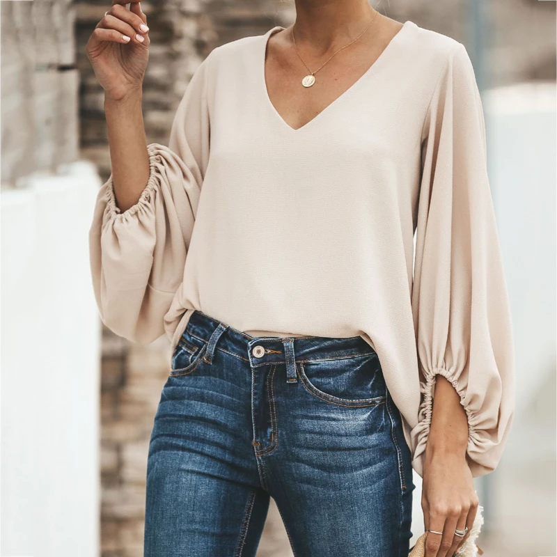

Long Sleeve Top T-Shirt Women's Loose V-neck Casual Lantern Sleeve Chiffon Top