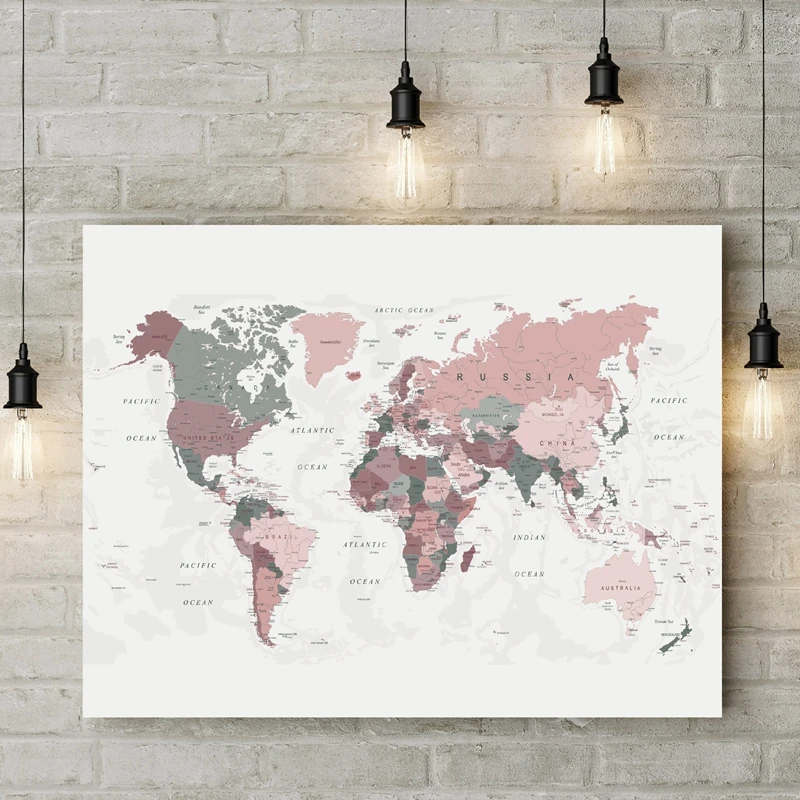 

World Map Canvas Print Blush Pink & Hunter Green Map of the World Poster Dorm Decor Modern Wall Art Picture Painting Decoration