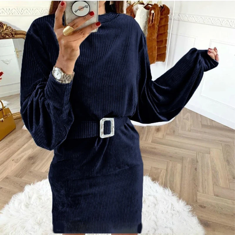 

Vintage Corduroy Sheath Mini Dresses Women Lantern Sleeve O-neck Office Ladies Solid Dress 2021 New Fashion Spring Casual Dress