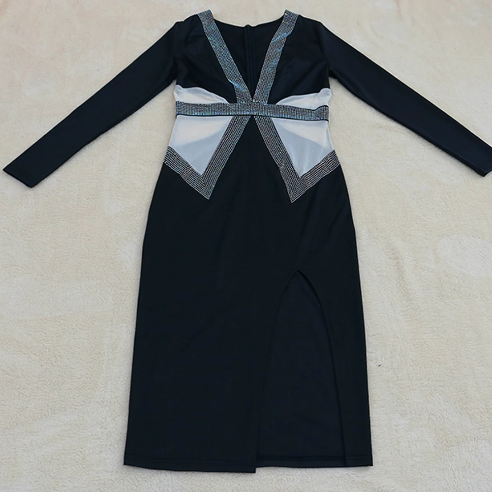 

Elegant Silver Sequin Evening Party Dress Vestido De Festa Robe Hollow Out Deep V Neck Gown Formal Party Dress Office Lady Dress