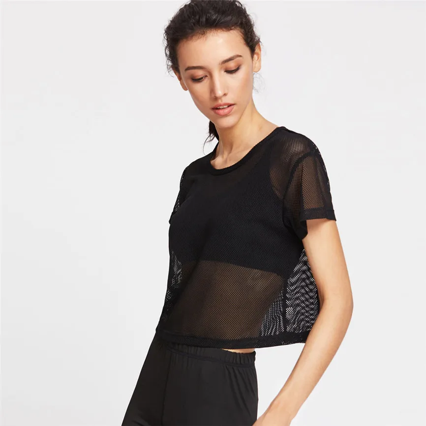 Женские рубашки на лето 2019 женственные Черные Сетчатые закрывающие Спортивные
