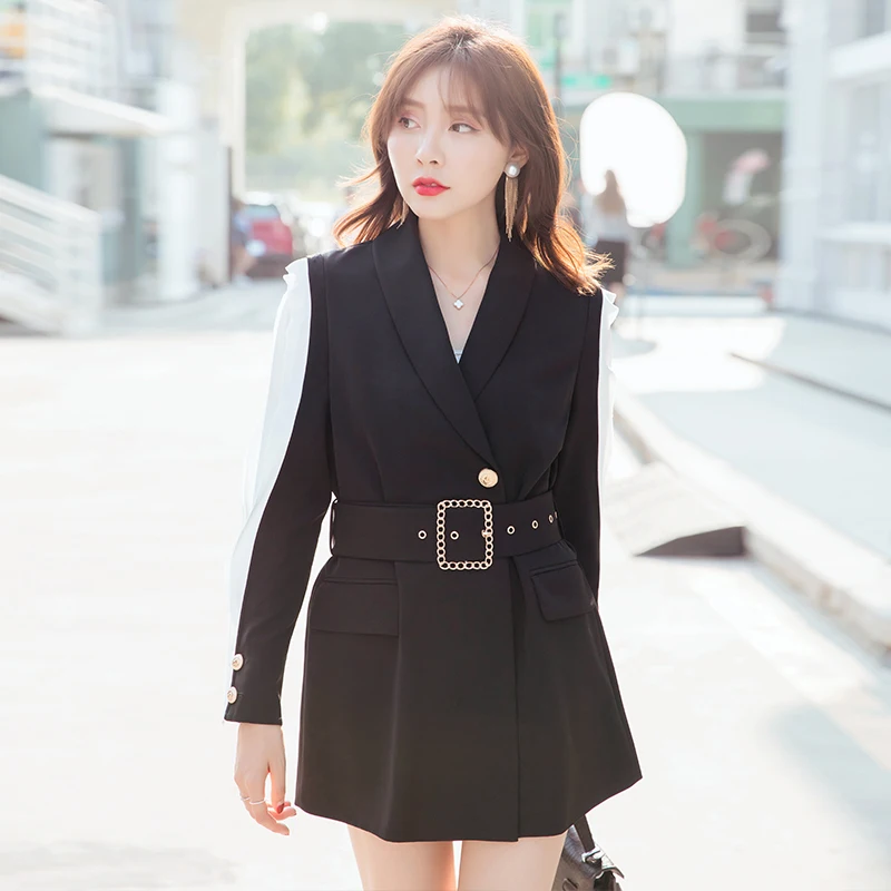 

YIGELILA New Fashion Patchwork Dress Lantern Sleeves Above-knee Elegant Dress Office Lady A-line With Belt Dress 9987