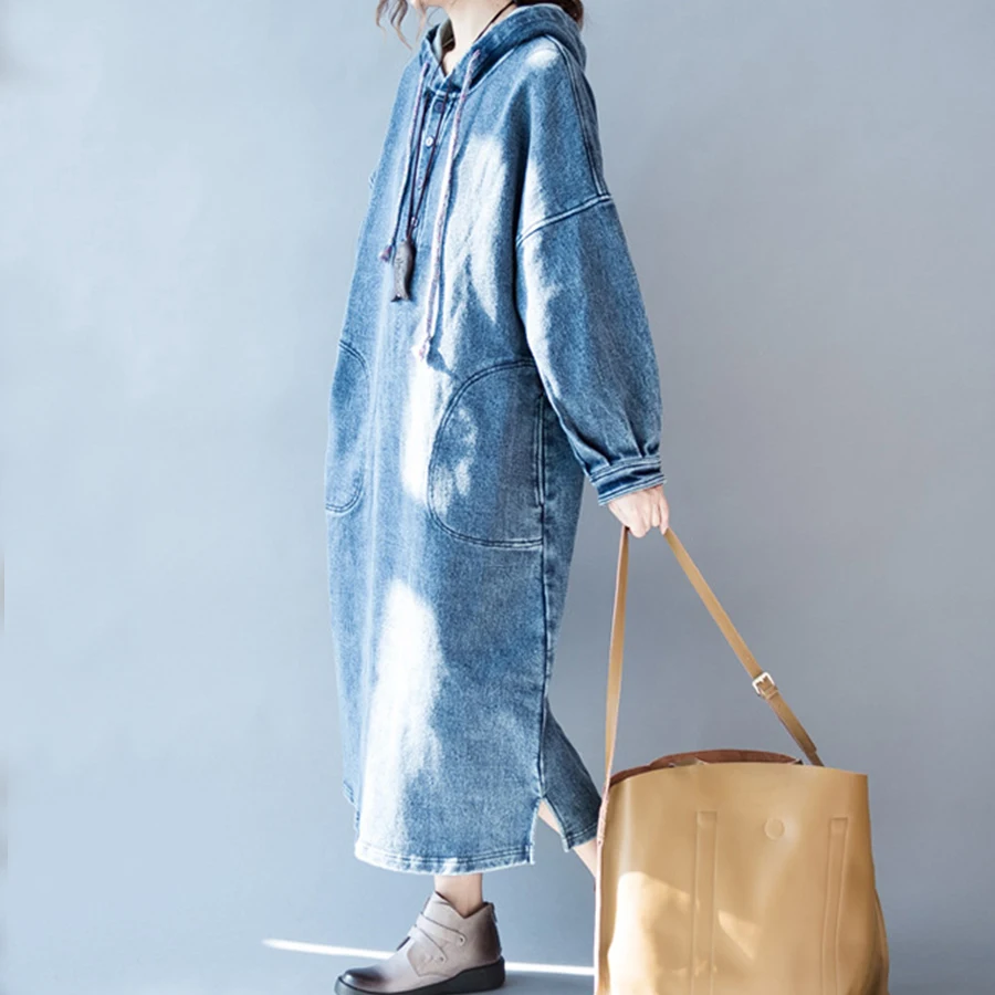 Fashion Oversized Hooded Denim Dress Women Casual Long Sleeve Loose Black Autumn Winter Dresses Female | Женская одежда