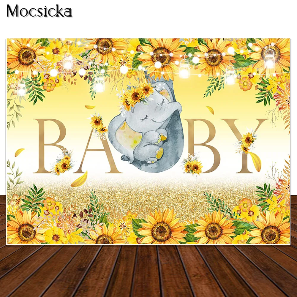 

Elephant Baby Shower Backdrop Glitter Gold Dots Photography Sunflower Birthday Party Decorations Background Photo Shoot Props
