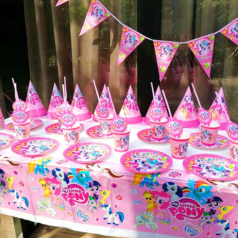 

95pcs/125pcs Happy Birthday My Little Pony Kids Baby Shower Party Decoration Set Banner Tablecloth Straws Cup Plates Supplier