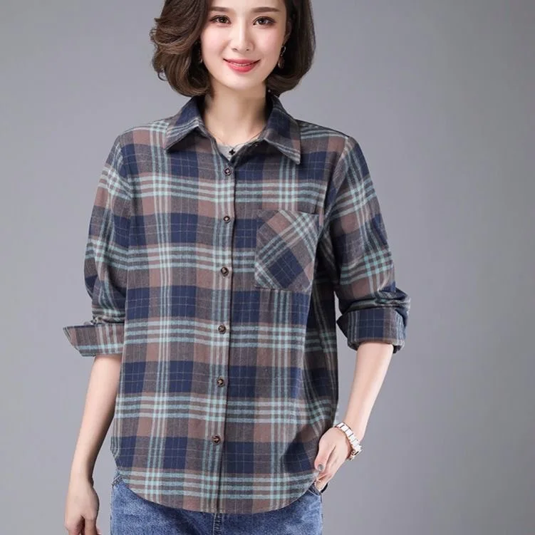 

Woman Spring Autumn Style Blouses Shirts Lady Casual Long Sleeve Plaid Printed Blusas Tops DF4260