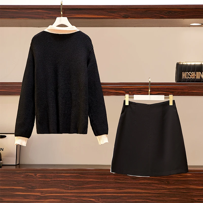 

Autumn Winter Women Outfit New Big Yards Cardigan Sweater Long Sleeve Top & Black Iregular Skirt Two Pcs Clothing Set Suit