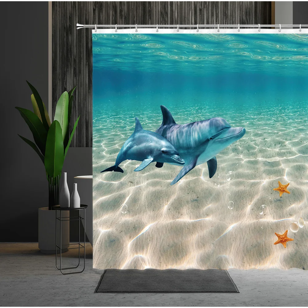 

Dolphin Shower Curtain Animal Dolphins Seabed Fish Scenery Pattern Cartoons Sea Surface Bird Bathroom Partition Hanging Curtains
