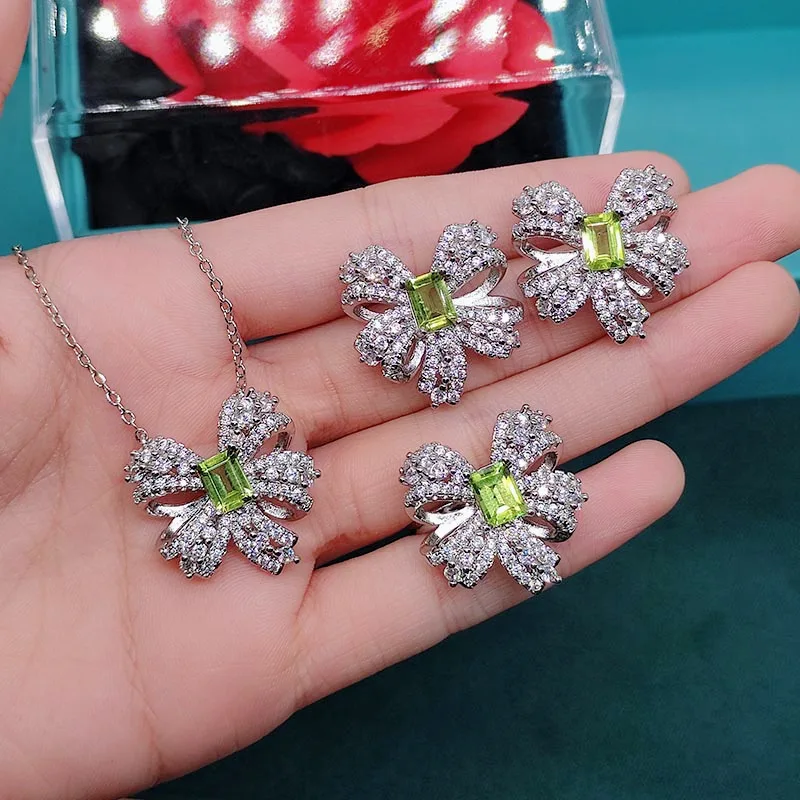 

OMHXZJ EA938 Super fairy bow green zircon necklace earrings open ring set