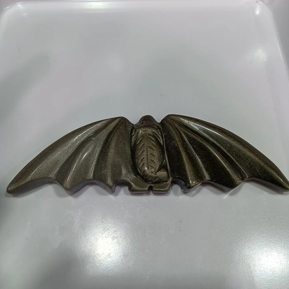 

Natural Gold Obsidian Bat Hand Carved Quartz Crystal Crafts Reiki Healing Stone Figurine Halloween Gift Home Decoration