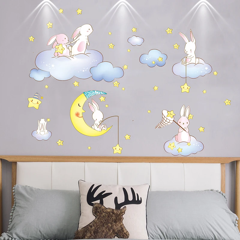 [SHIJUEHEZI] кролики Животные наклейки на стену DIY мультфильм Облака Звезды Луна настенные наклейки для детской комнаты детская спальня украшения
