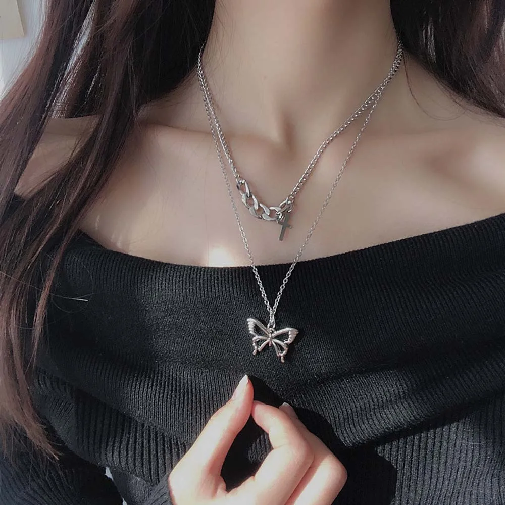 

Double layer butterfly necklace korean temperament beautiful cross hip hop style clavicle chain men's and women's sweater chain