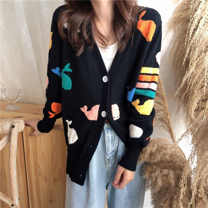 2019 autumn Colorful cartoon pocket sweater womens knitted cardigans coat (B8693) |