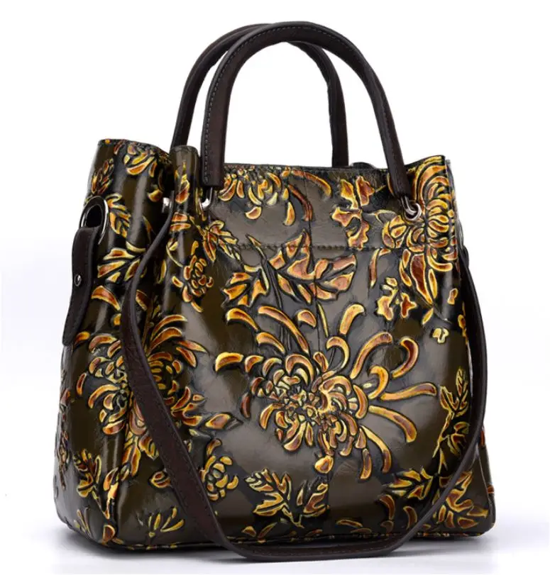 

2020 INS newest vintage Genuine Leather Women Embossed Messenger bags Female Shoulder Handbags Floral Tote Bags in High Quality
