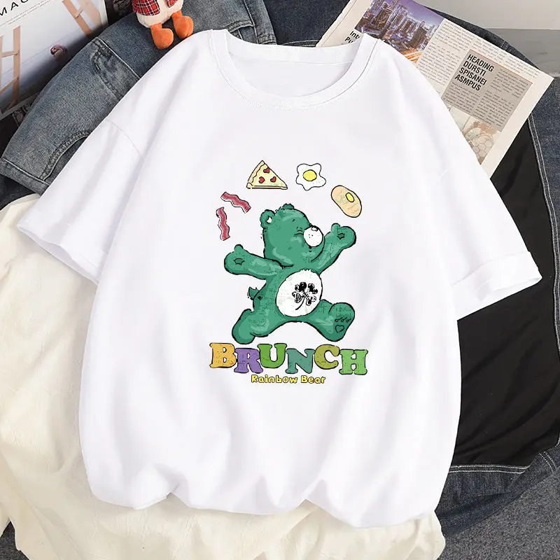 

100% Cotton Women T-shirts Summer Fashion Harajuku Cartoon Anime Bear Print Loose Short Sleeved Black White T Shirt Tops Female
