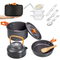 9pc aluminium camping picnic pot camping utensils cookware set with kettle outdoor kitchen utensils set with fork spoon knife