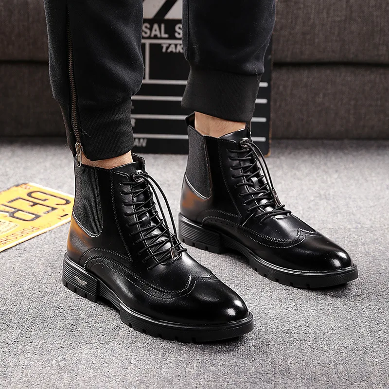 

brogue shoes men casual genuine leather boots wedding party lace-up shoe bullock ankle boot black gentleman botas masculinas man