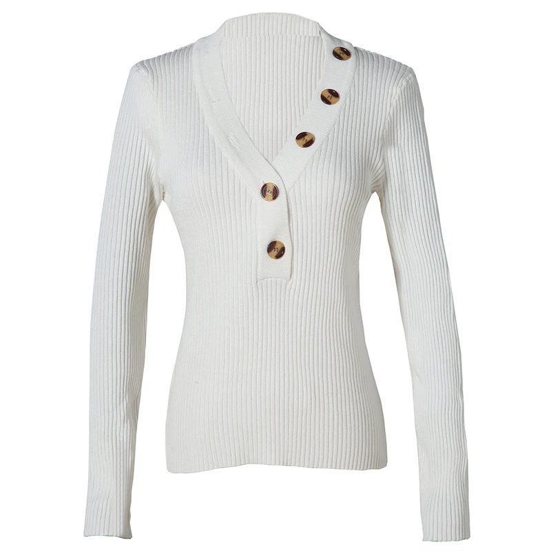 2019 new fashion casual women's clothing Sweater Top Autumn V-neck Long Sleeve Tight-fitting Turtleneck Buttons Solid Color Knit | Женская