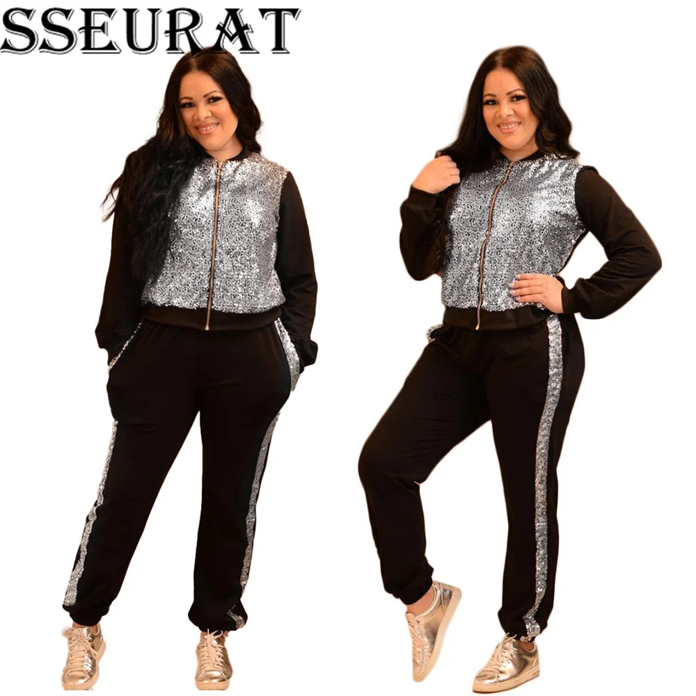 

SSEURAT Sequined Patchwork Women Set Sport Jacket and Jogger Pants Suit Tracksuit Two Piece Set Fitness Outfits