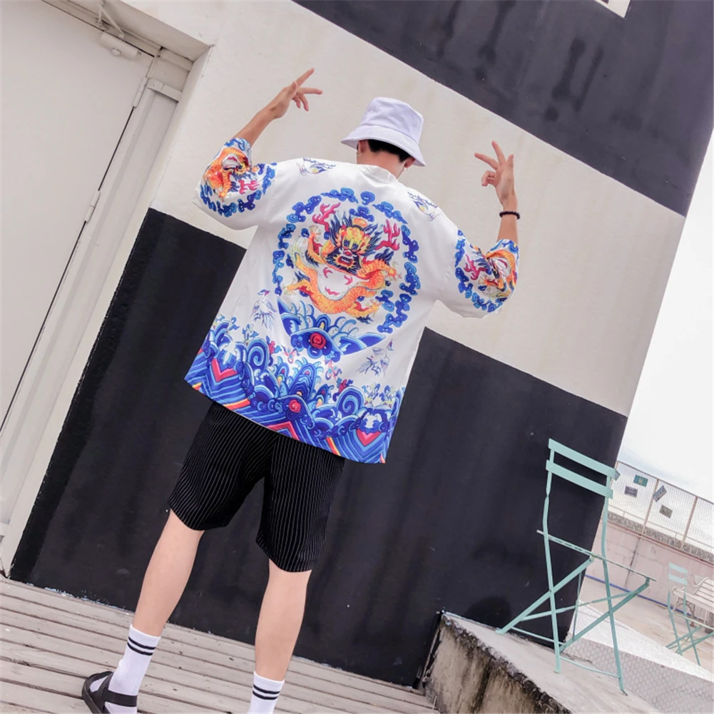 

2021 Japanese Kimono Cardigan Jackets Retro Chinese Style Print Middle Sleeves Open Front Coat Japanese Streetwear Jacket