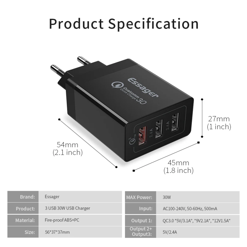 Зарядное устройство Essager Quick Charge 3,0 USB 30 Вт QC3.0 QC Turbo Быстрая зарядка мультирозеточный мобильный телефон зарядное устройство для iPhone samsung Xiaomi