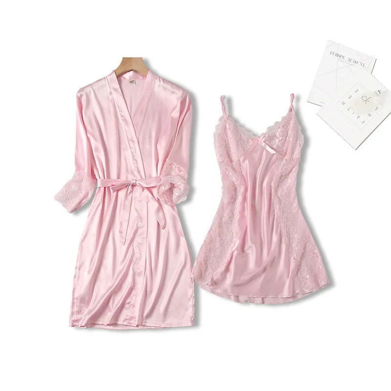

Women 2PCS Sleepwear Sexy Kimono Robe Set Satin Summer New Nightwear Sleep Set Bathrobe Gown Backless Loose Satin Home Clothing