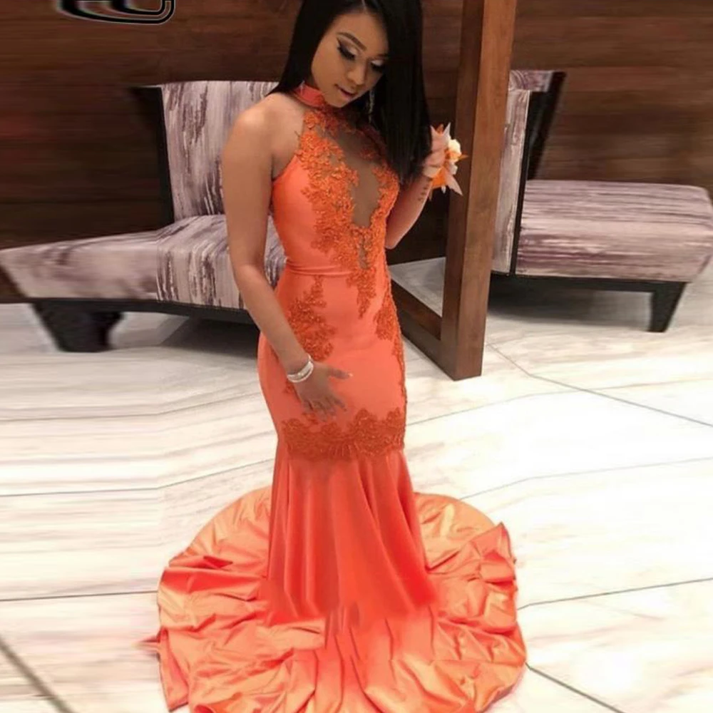 Mermaid V-Neck Evening Dresses Long 2021 Halter Elegant Sexy Orange Lace Appliques Prom Gown Custom Plus Size vestido de fiesta
