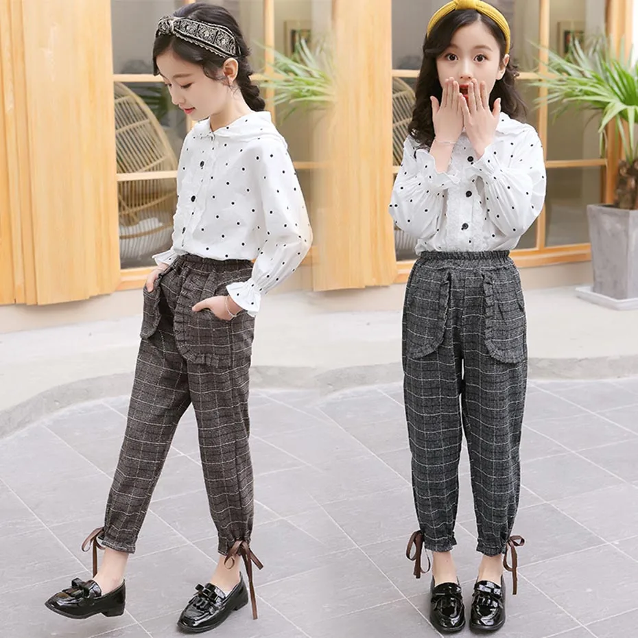 Children School Clothes Dot Pattern Costume For Girls White Blouse + Jumpsuit 2PCS Tracksuit Girl Plaid Kids Clothing |
